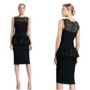 Tadashi Shoji Navy Blue Ribbed Sheath Peplum Dress with Lace Size PS